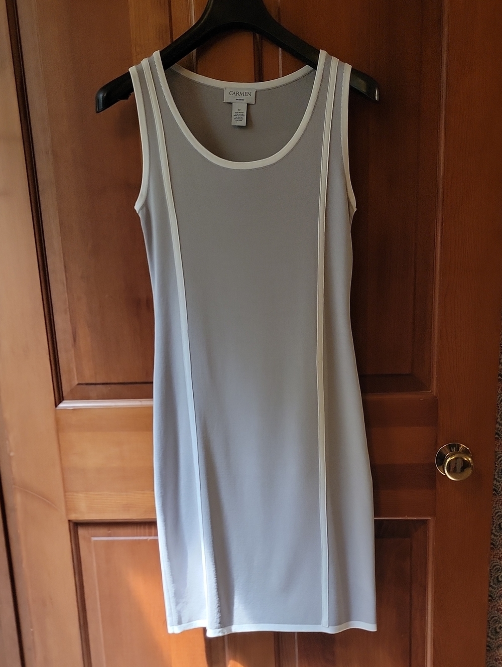 Carmen Marc Valvo Light Gray Sleeveless Shift Dress with Cream Trim Medium